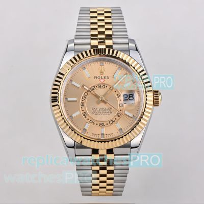 ES Factory Super Replica Rolex Sky-Dweller Dual Time Zone Champagne Two-Tone Jubilee Watch 